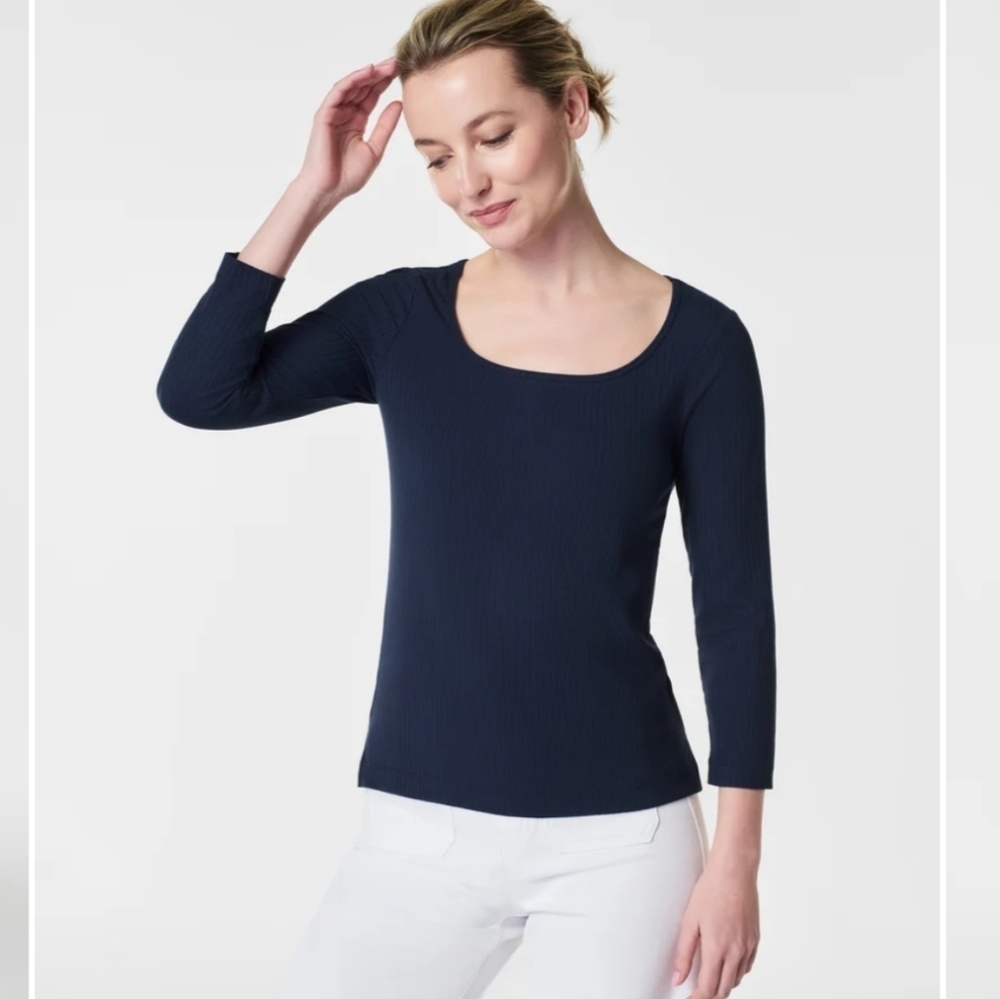 SPANX Stretch Rib Long-Sleeve Top Midnight Blue Size Small